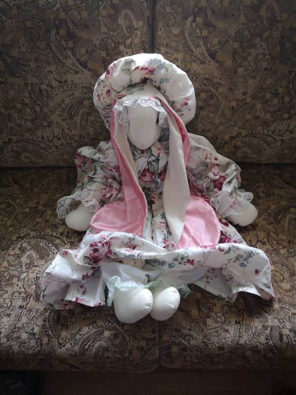 Vintage Handmade Stuffed Bunny w/ Victorian Style Floral Dress & Bonnet 31"